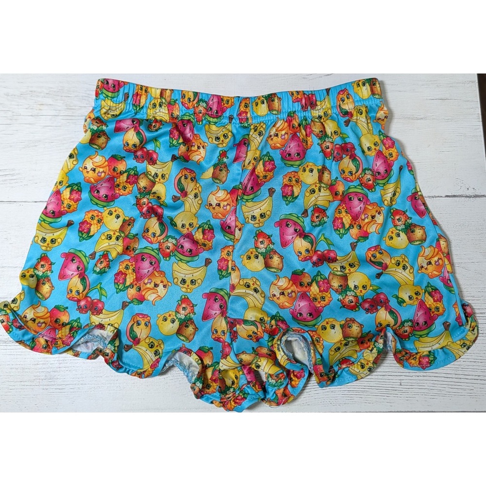 Shopkins Girls Pajama Shorts Blue Fruit Character Print Ruffle Hem Size M 7/8
